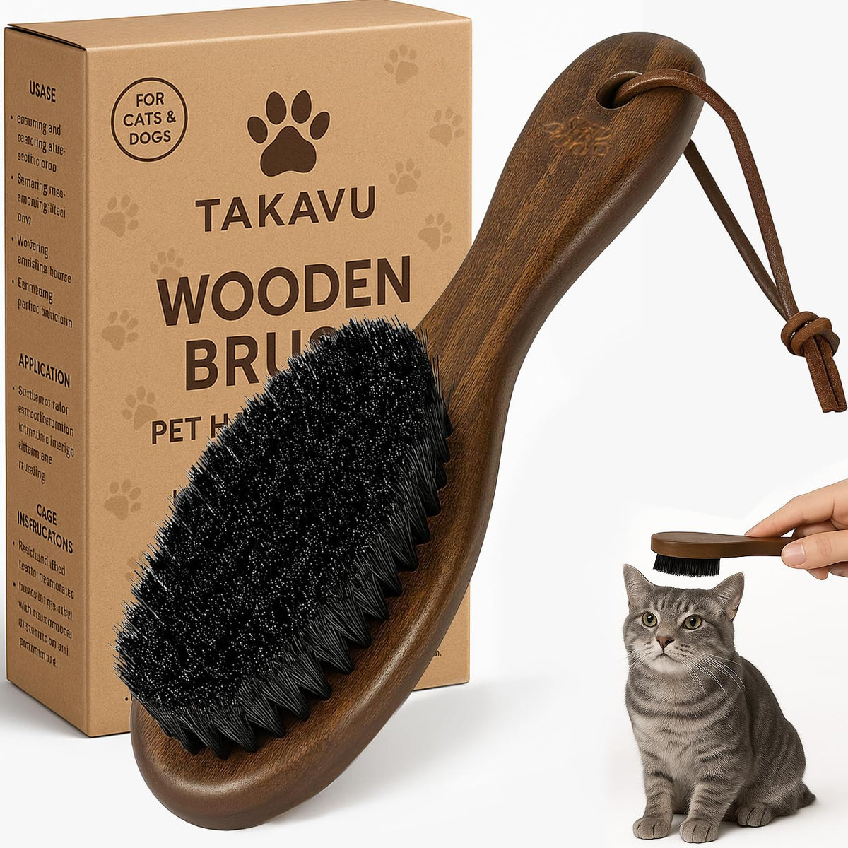 Takavu Boar Bristle Cat Hair Brush, Gentle Grooming Brush with Natural Bristles and Wooden Handle
