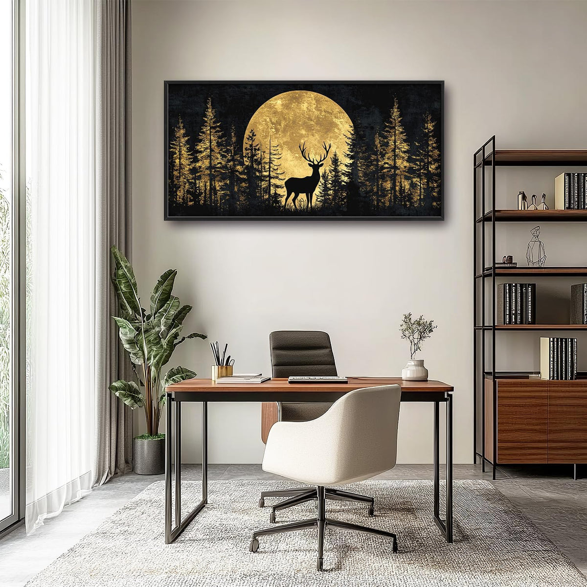 Large Moon Deer Forest Wall Art for Living Room, Black Gold Canvas Oversized Wall Decor, Elk Animal