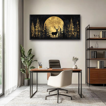 Large Moon Deer Forest Wall Art for Living Room, Black Gold Canvas Oversized Wall Decor, Elk Animal