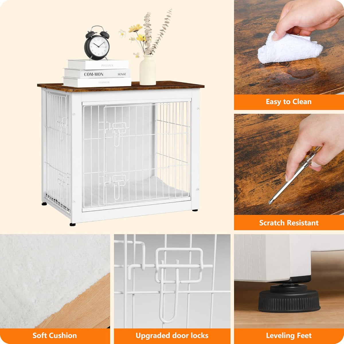 DWANTON Dog Crate Furniture with Cushion, Wooden Kennel Table with Double Doors, Indoor Dog House