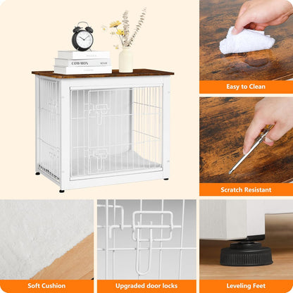 DWANTON Dog Crate Furniture with Cushion, Wooden Kennel Table with Double Doors, Indoor Dog House