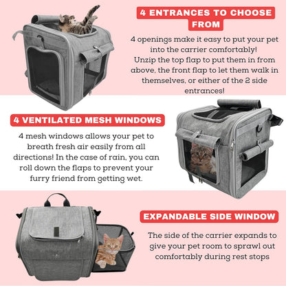 Dog Bike Basket, Expandable Soft-Sided Reflective Pet Carrier Backpack with 4 Open Doors, 4 Mesh