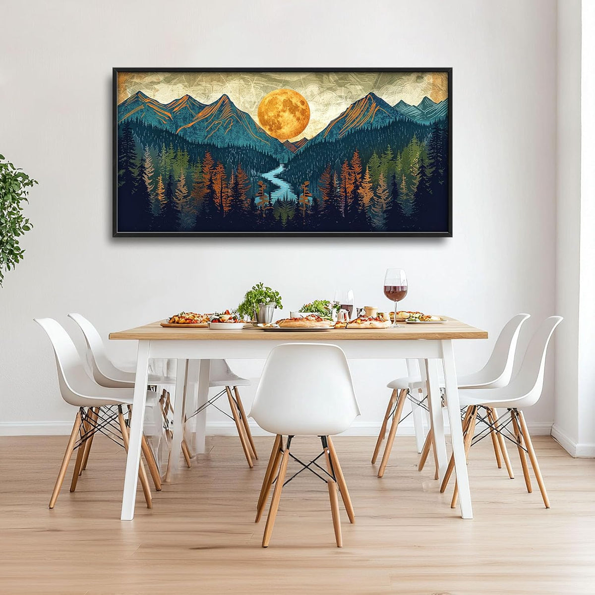 Quorin Boho Mountain Large Wall Art Mountain Landscape Pictures Moon Pine Tree Forest Lake Wall