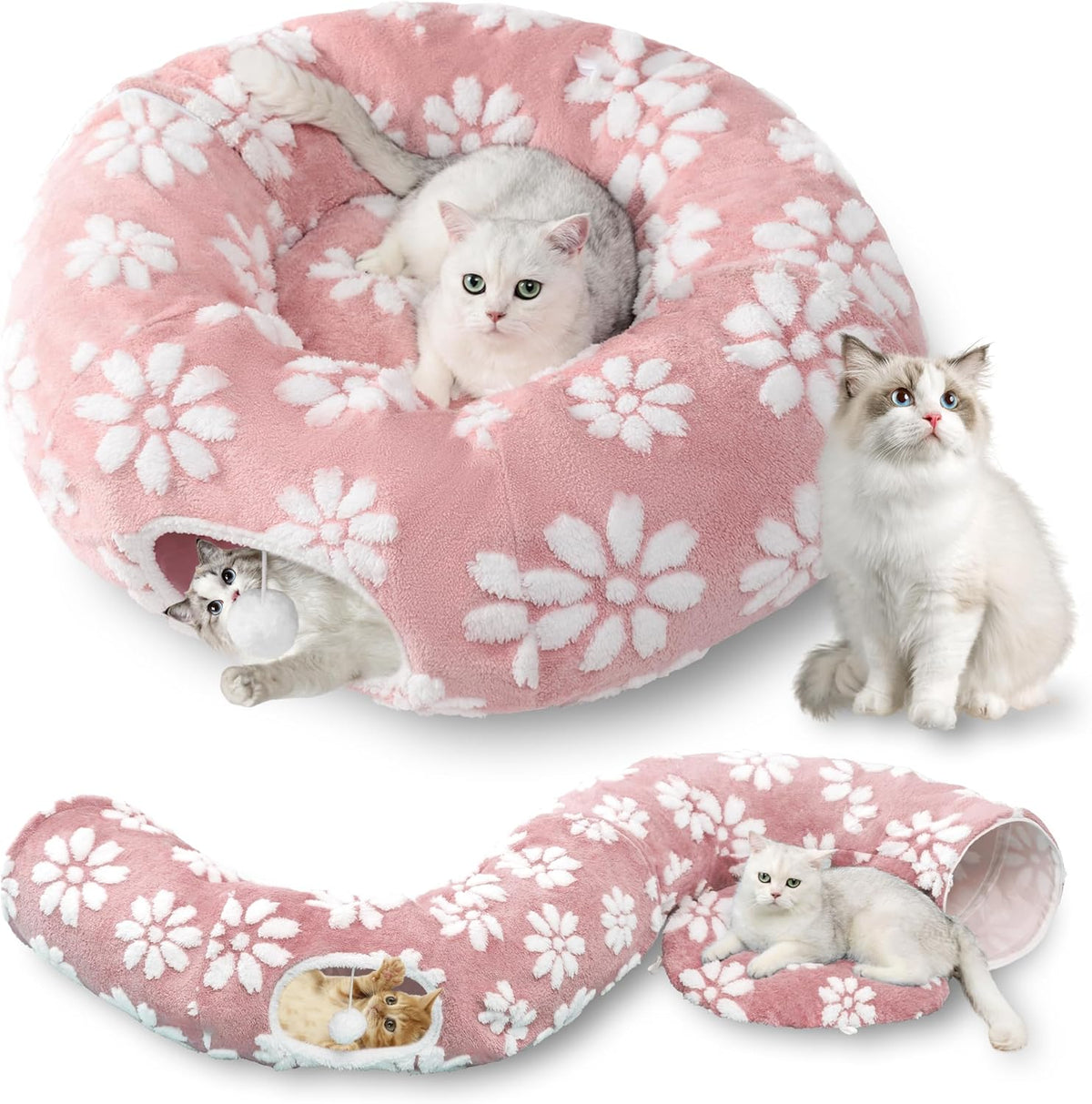 Cat Tunnel for Indoor Cats, Cute Peekaboo Cat Cave with Dangling Balls, Pet Donut Tunnel Bed with