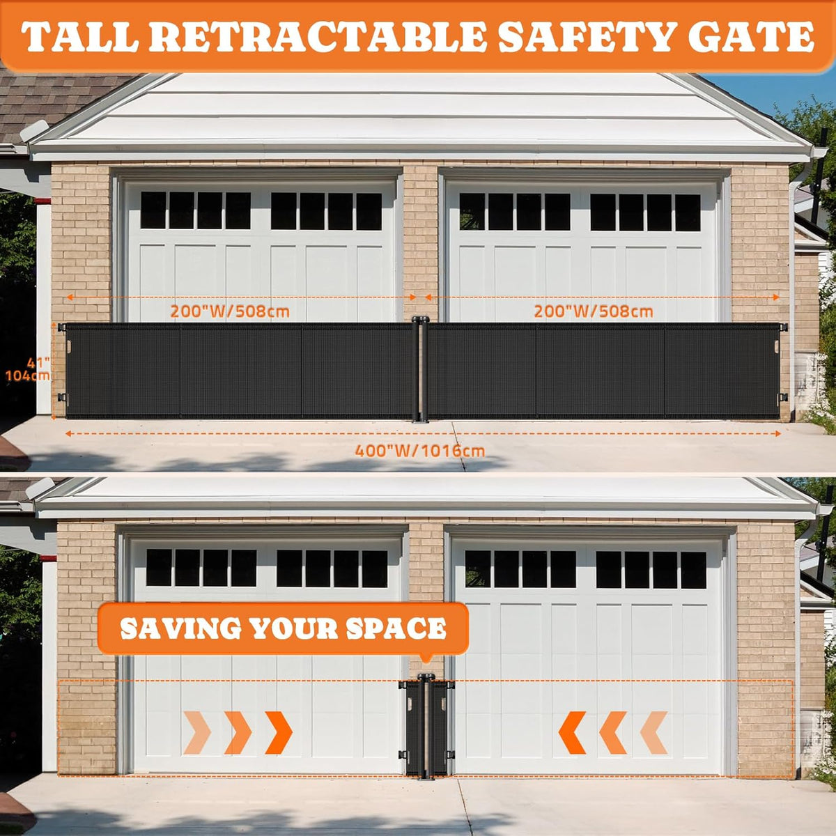 2-in-1 Retractable Baby Gates, 41" Tall Mesh Dog Gate 1-Pack, One Side Up to 200" Wide, Total 400"
