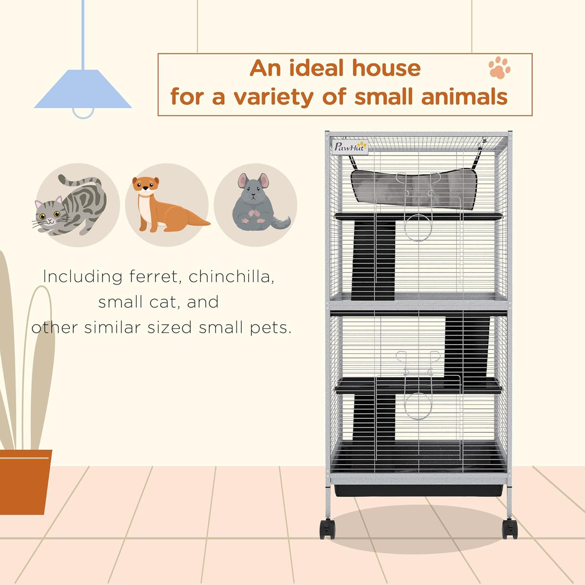 PawHut Metal Small Animal Cage, 4-Tiers Rolling Big Ferret Cage with Hammock, Removable Tray, for