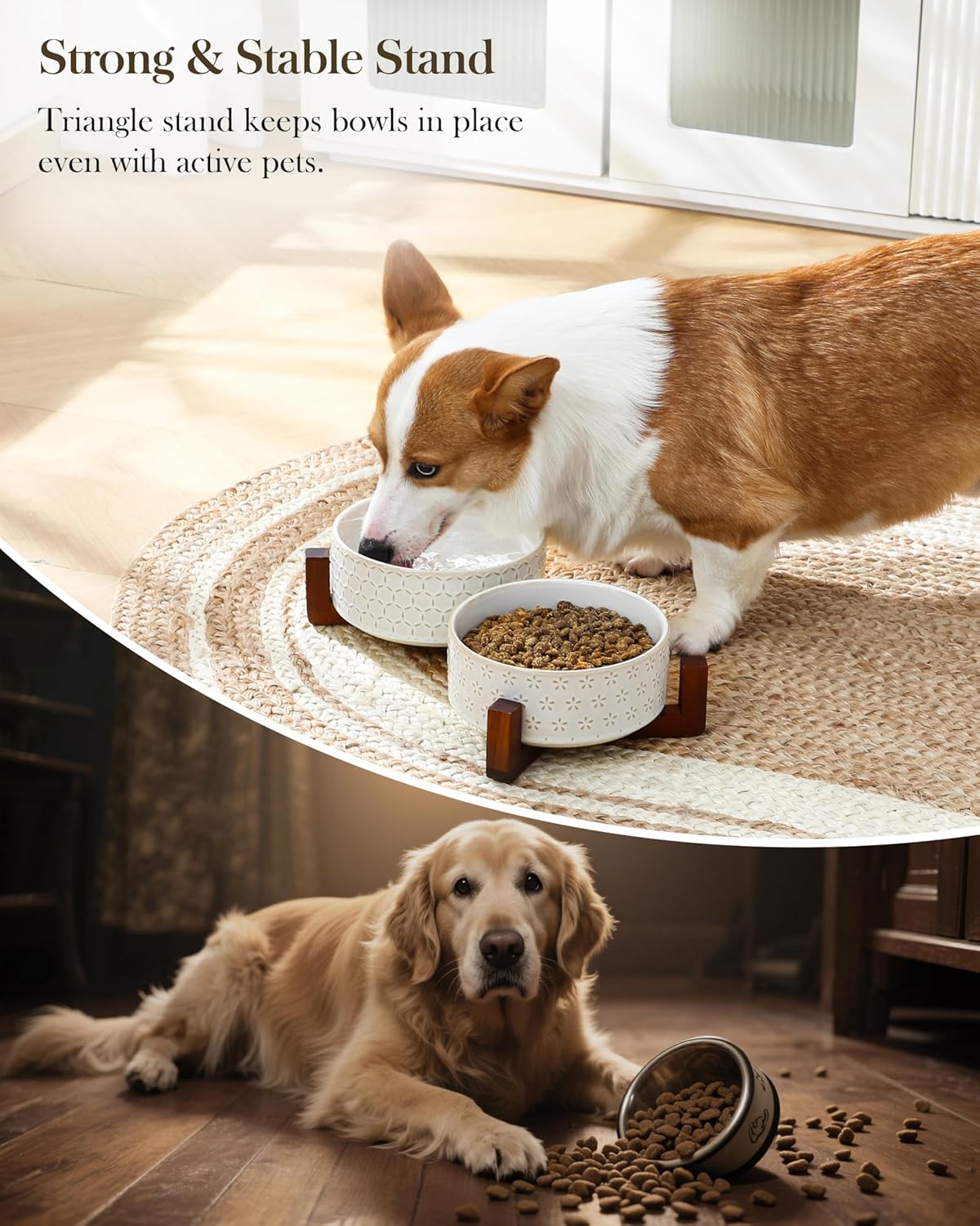 MALACASA Dog Bowl Set with Walnut Wood Stand, 3.5 Cups Ceramic Pet Bowls for Puppy Dogs, Dual Food