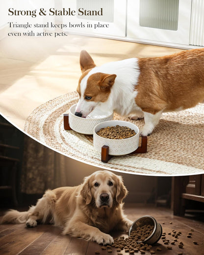 MALACASA Dog Bowl Set with Walnut Wood Stand, 3.5 Cups Ceramic Pet Bowls for Puppy Dogs, Dual Food