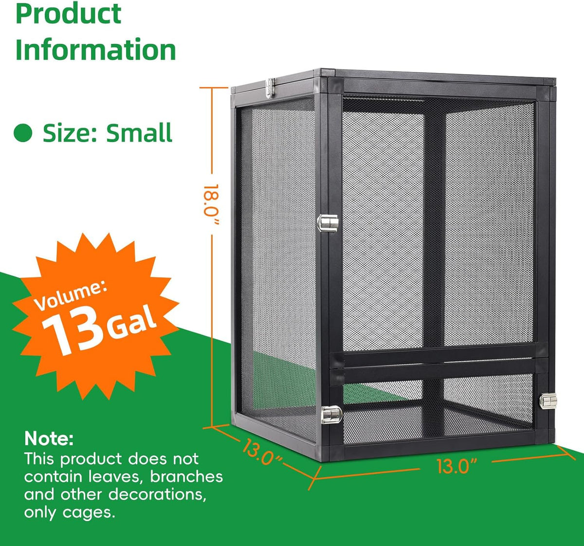 13 Gal Detachable and Foldable Reptile Butterfly Cage Terrarium, 360° Observation, Airflow