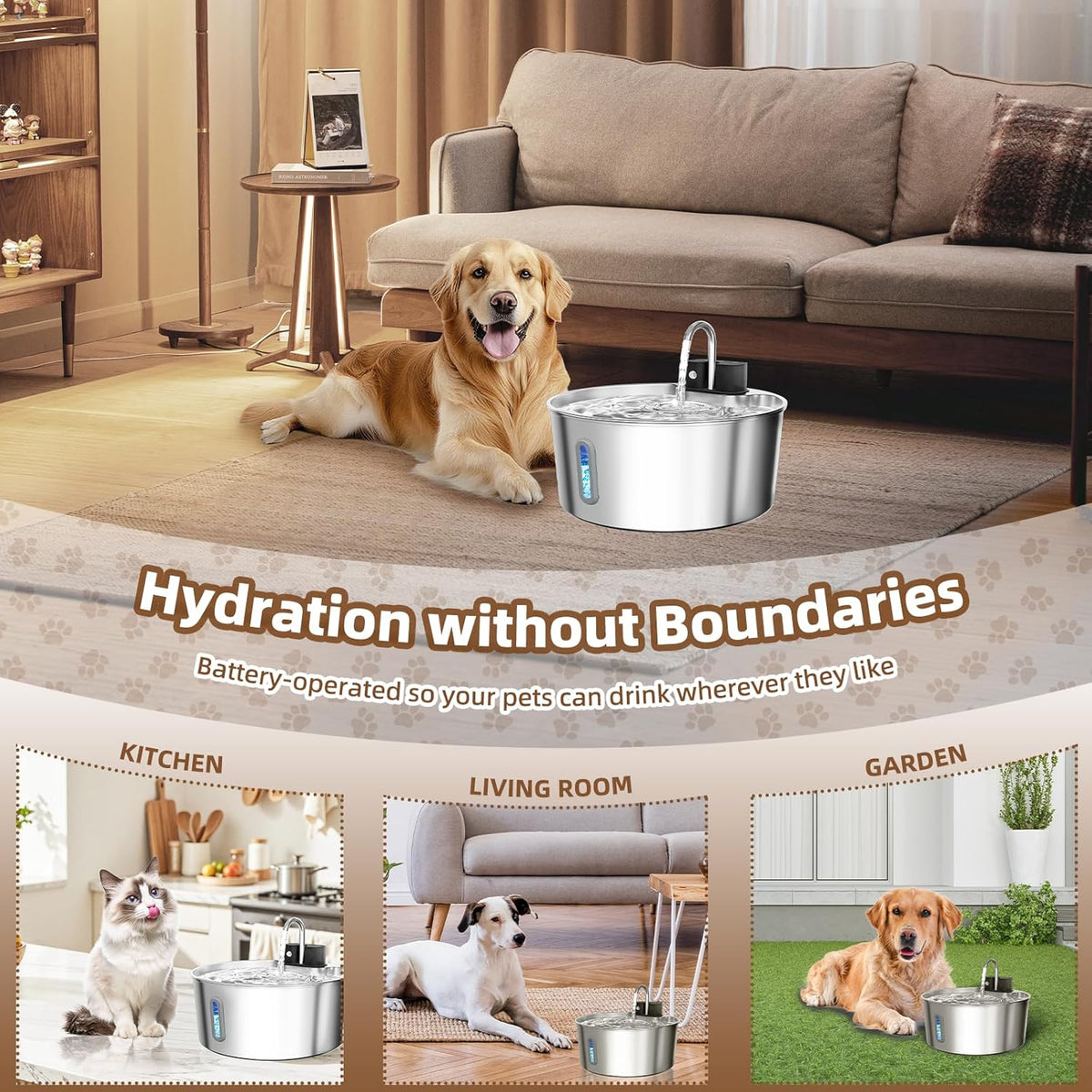Dog Water Fountain Stainless Steel: 7L/236oz Cordless Large Dog Water Bowl Dispenser Automatic Cat
