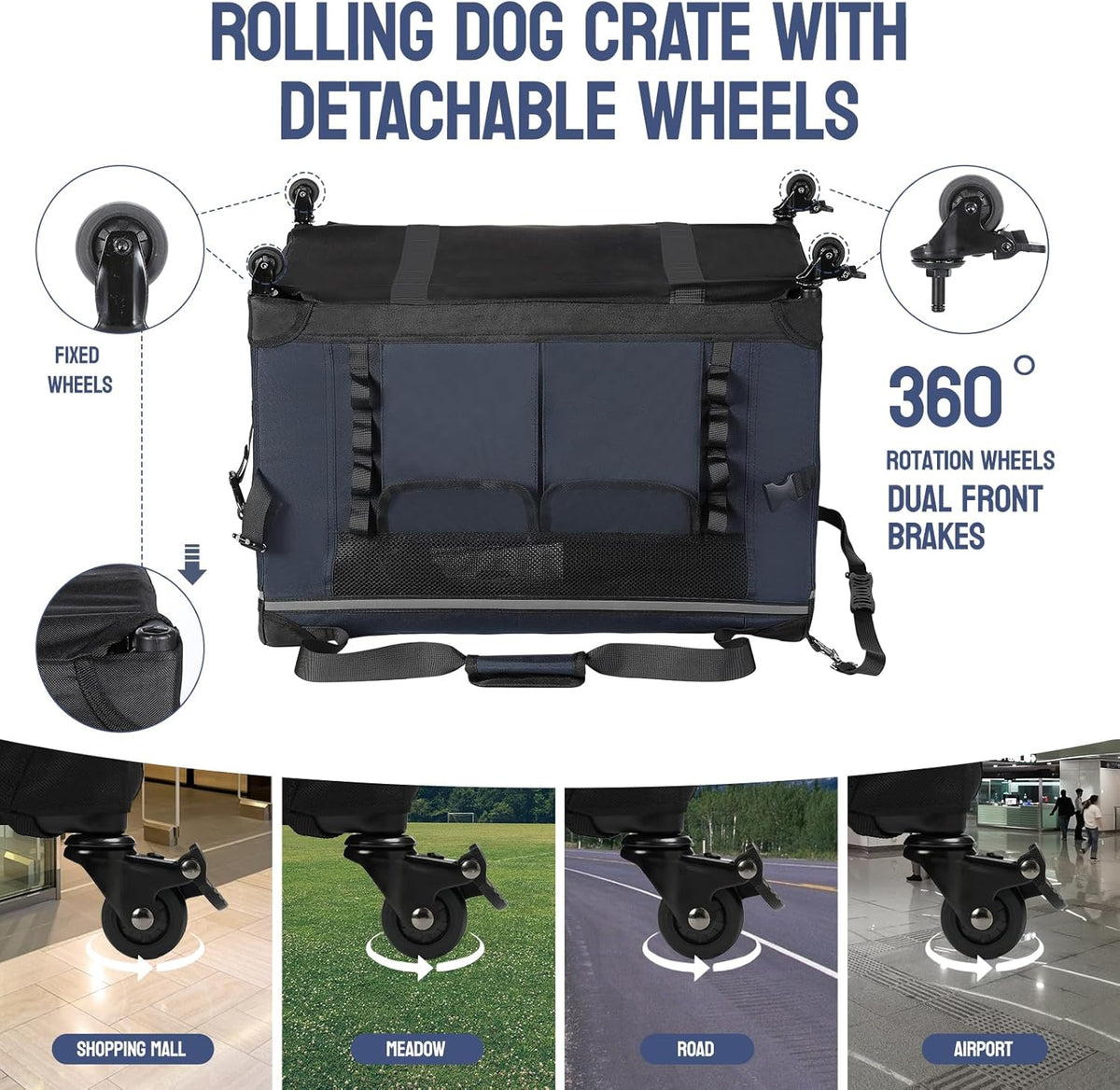 30IN Soft Collapsible Dog Crate w Detachable Wheels, Rolling Travel Dog Crate for Medium Breed