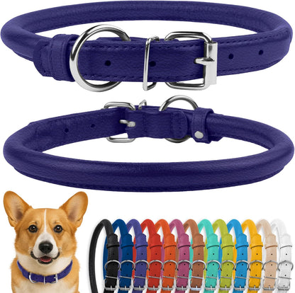 CollarDirect Rolled Leather Dog Collar, Soft Padded Round Puppy Collar, Handmade Genuine Leather