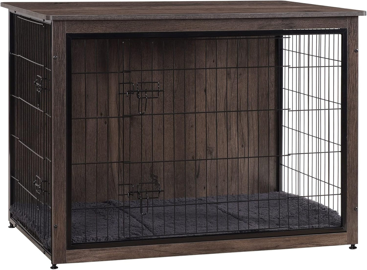DWANTON Dog Crate Furniture with Cushion, Wooden Kennel Table with Double Doors, Indoor Dog House