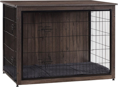 DWANTON Dog Crate Furniture with Cushion, Wooden Kennel Table with Double Doors, Indoor Dog House