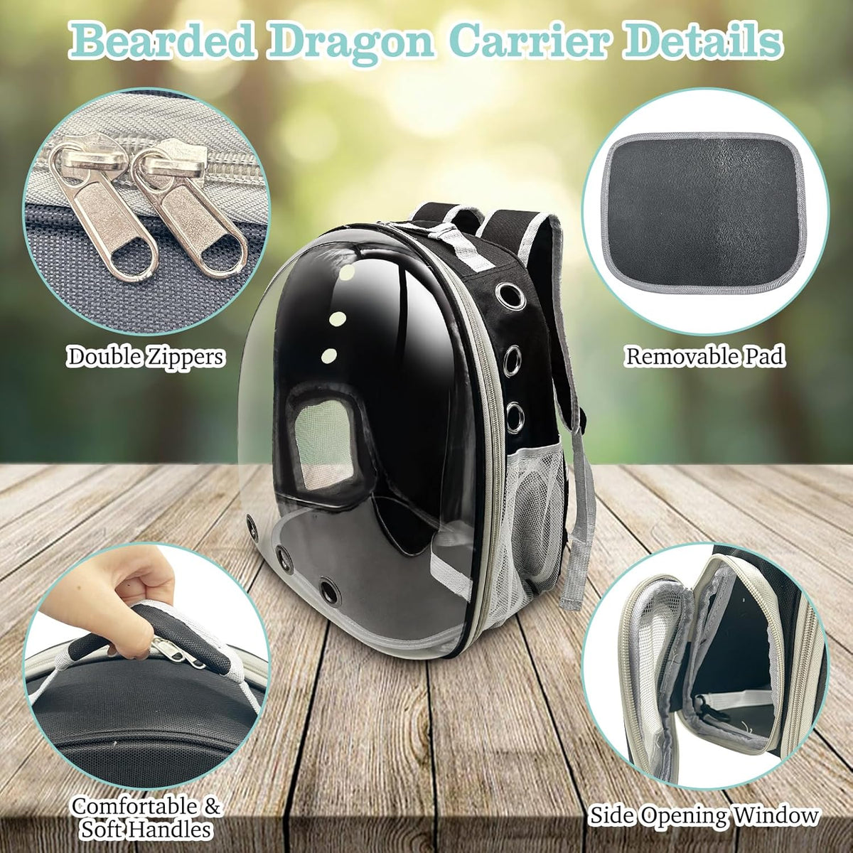 PINVNBY Bearded Dragon Carrier Backpack with Harness and Leash Set Large Reptile Travel Carrier