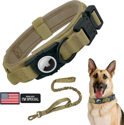 Tactical AirTag Dog Collar Leash Set - Heavy Duty, Adjustable GPS Collar Compatible with Apple