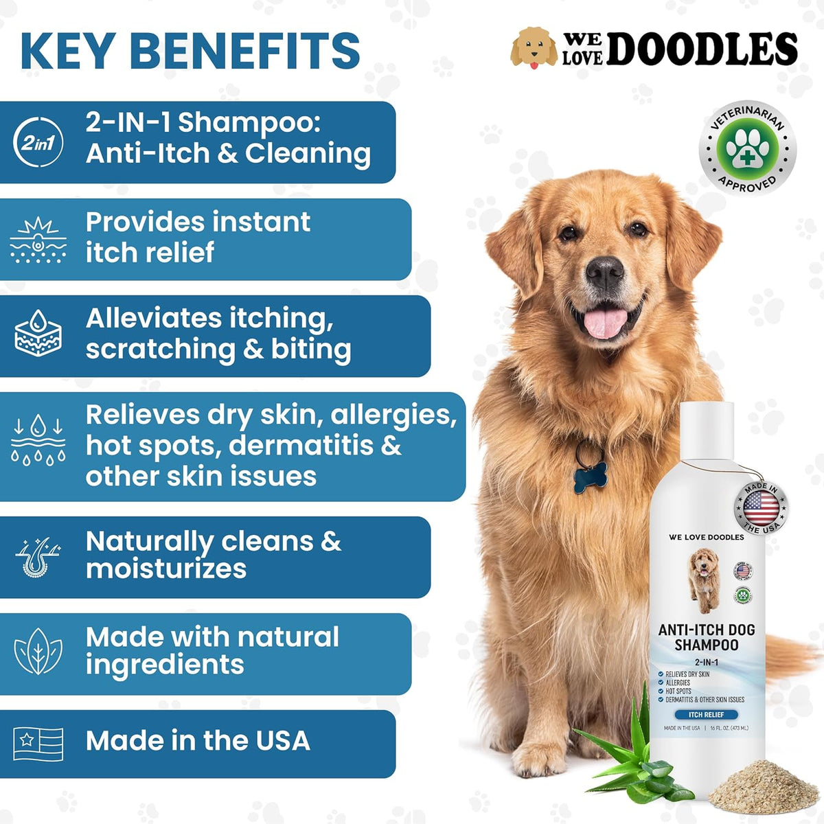 Premium Anti Itch Dog Shampoo for Sensitive Skin, Made in USA, Dry Skin Treatment for Dogs, Great