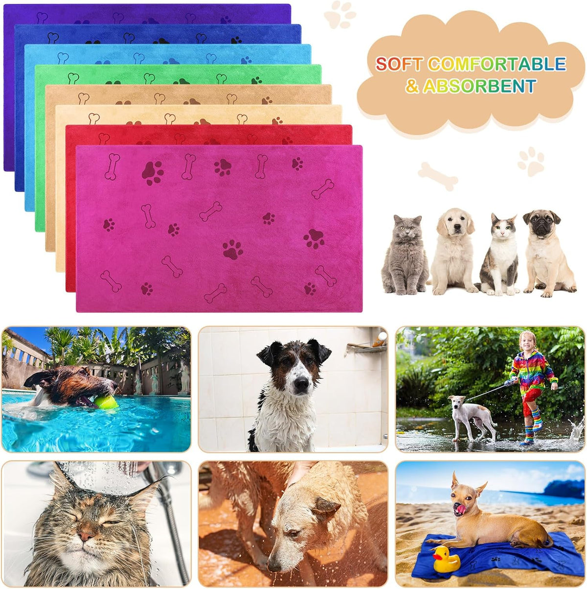 Chumia 8 Pcs Dog Towels for Drying Dogs Cats Pet Towels Bulk Puppy Microfiber Quick Drying Paw Bath