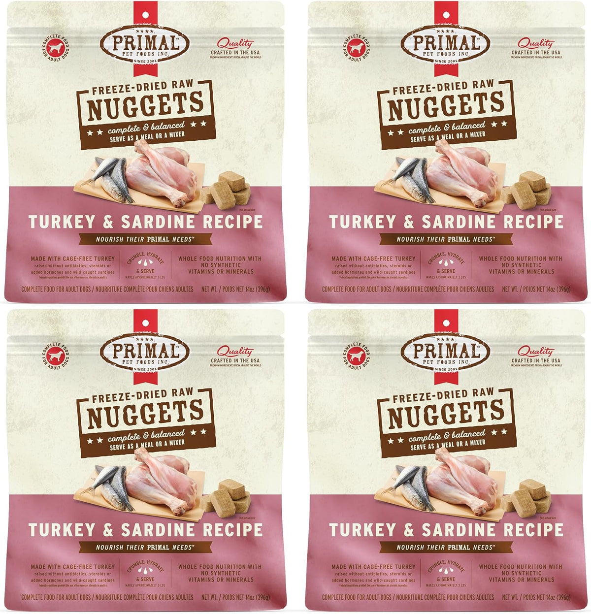 Primal Freeze Dried Raw Dog Food Nuggets, Turkey & Sardine, Complete & Balanced Meal, Also Use as