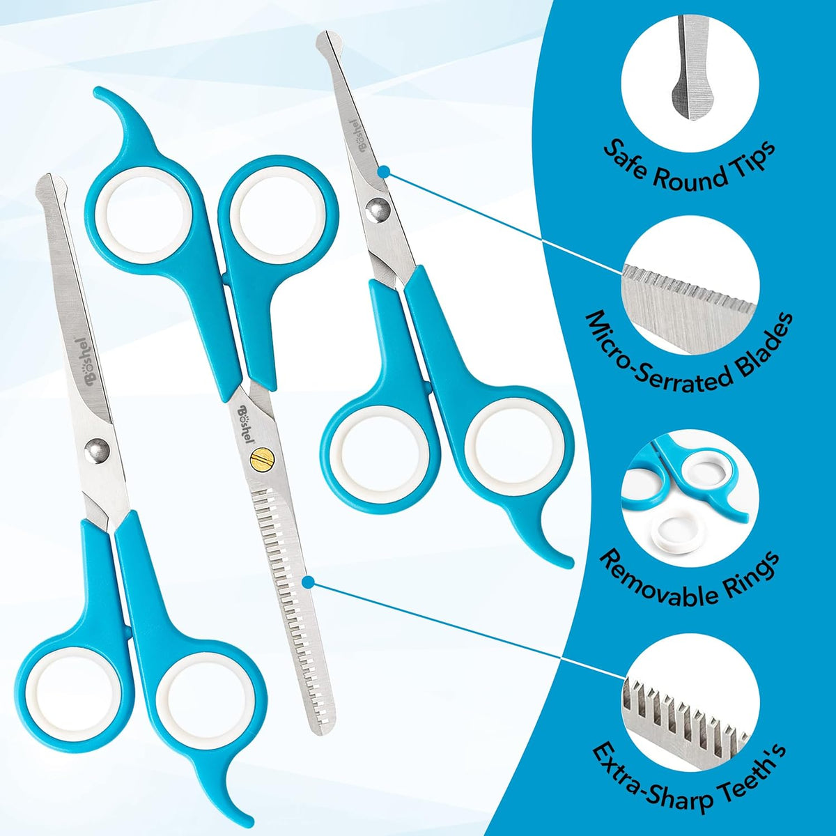 BOSHEL 3 Pc Dog Grooming Scissors Kit - 7" Scissor For Body Hair Trimming, 6" Small Micro-serrated