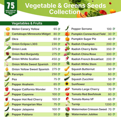 75 Vegetable & Greens Seeds Variety Pack, Garden Seed Starter Kit - Over 44,700 Non-GMO Heirloom