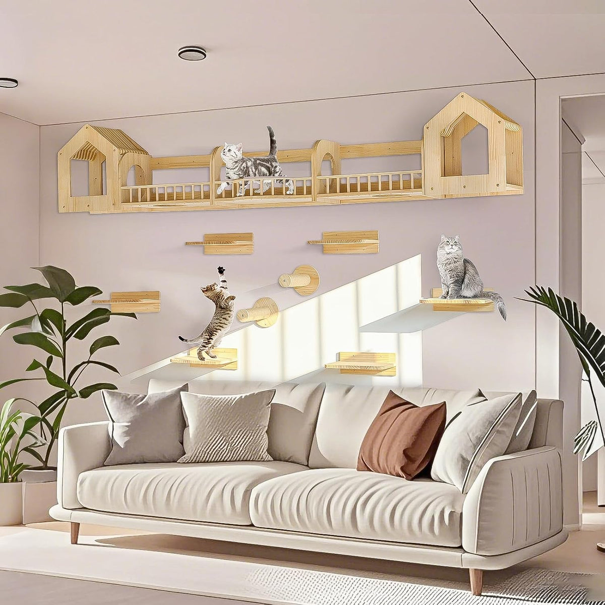 Cat Wall Shelves and Furniture Set with Condos, Perches, Bridge Ladders, Sisal Scratching Posts