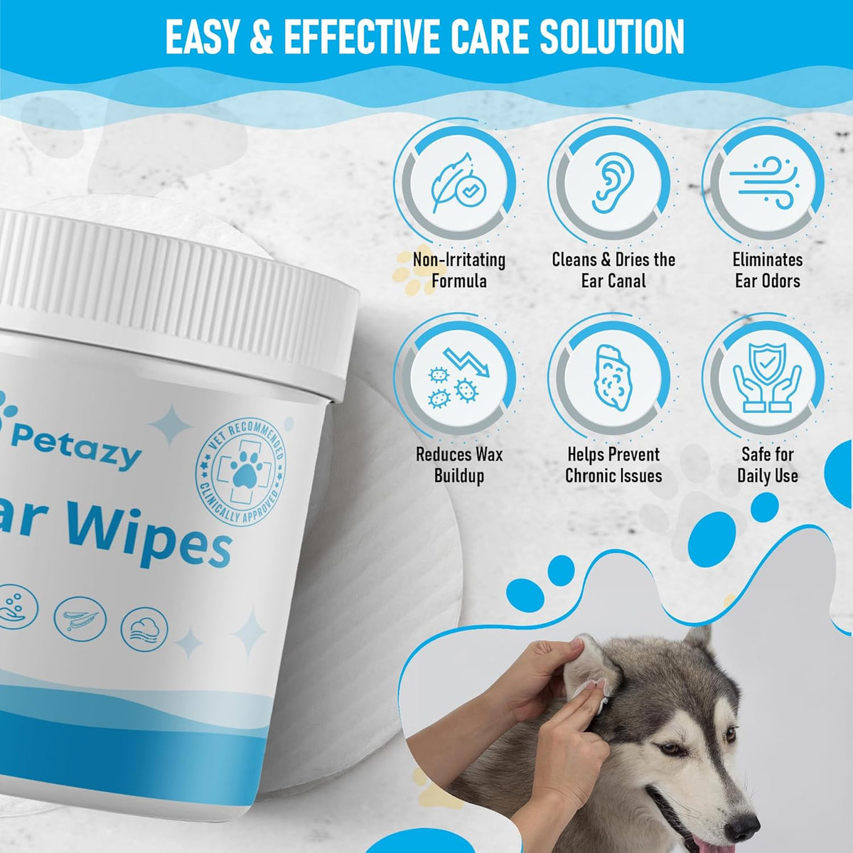 Dog Ear Wipes for Dog Yeast Wax Itch and Odor | Unscented Dog Ear Cleaner for Dogs | Natural