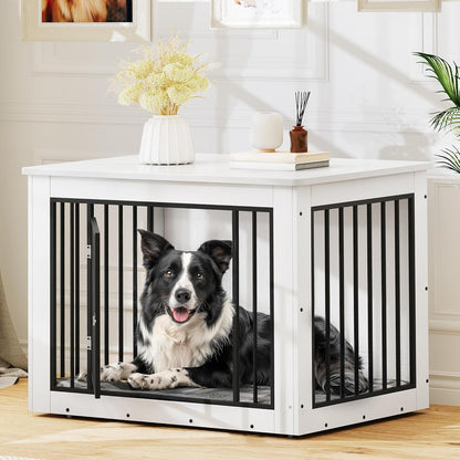 YITAHOME 38.2" L Dog Crate Furniture for Large Dogs, 2-in-1 Iron-Wood Fusion Dog cage Indoor up to