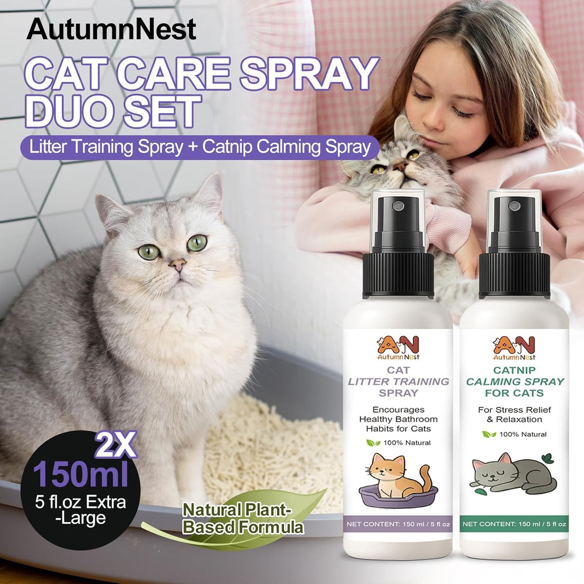 Cat Calming & Litter Training Spray Kit – 2-Pack 150ml Duo – Natural Catnip Calm Spray + Litter Box