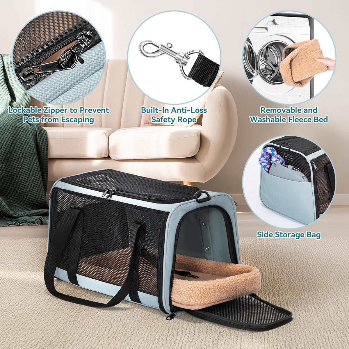 PETSFIT Soft-Sided Cat Carriers & Car Seats with Patent Safe Buckles, Clip-On Harness，18"x11"x11"
