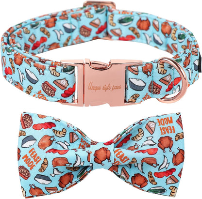 Unique Style Paws Thanksgiving Day Dog Collar with Bow Blue Turkey Cotton Puppy Collars for Small