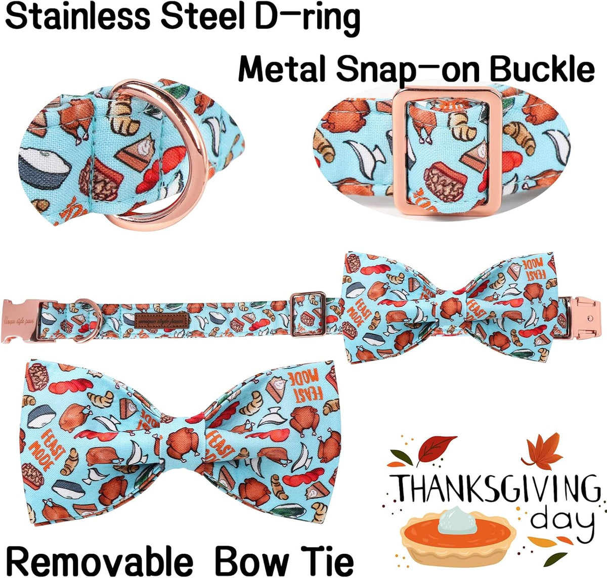 Unique Style Paws Thanksgiving Day Dog Collar with Bow Blue Turkey Cotton Puppy Collars for Small