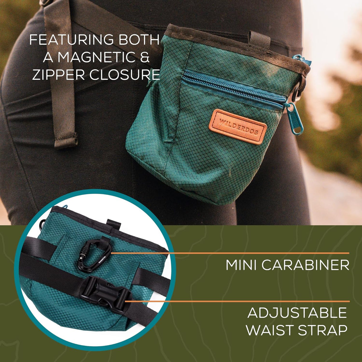 Wilderdog Dog Training Treat Pouch with Magnetic and Zipper Closure, Carabiner Attached, Adjustable