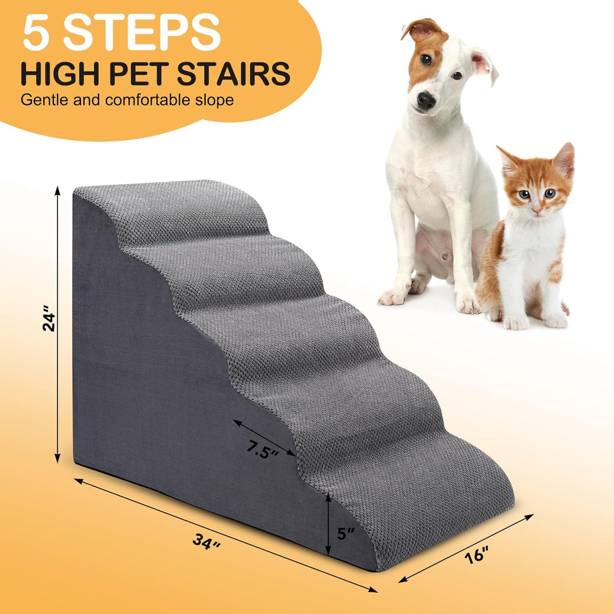 Dog Stairs for Bed, 5 Tier Dog Steps for Couch and High Bed, Non-Slip Pet Stairs, 24" High Sofa