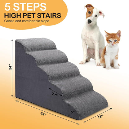 Dog Stairs for Bed, 5 Tier Dog Steps for Couch and High Bed, Non-Slip Pet Stairs, 24" High Sofa