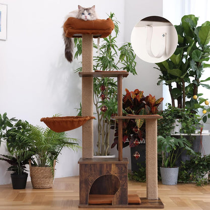 FUKUMARU Cat Tree, 4 in 1 Large Modern Cats Tower with Jute Scratching Post and Hammock, Wood Cat