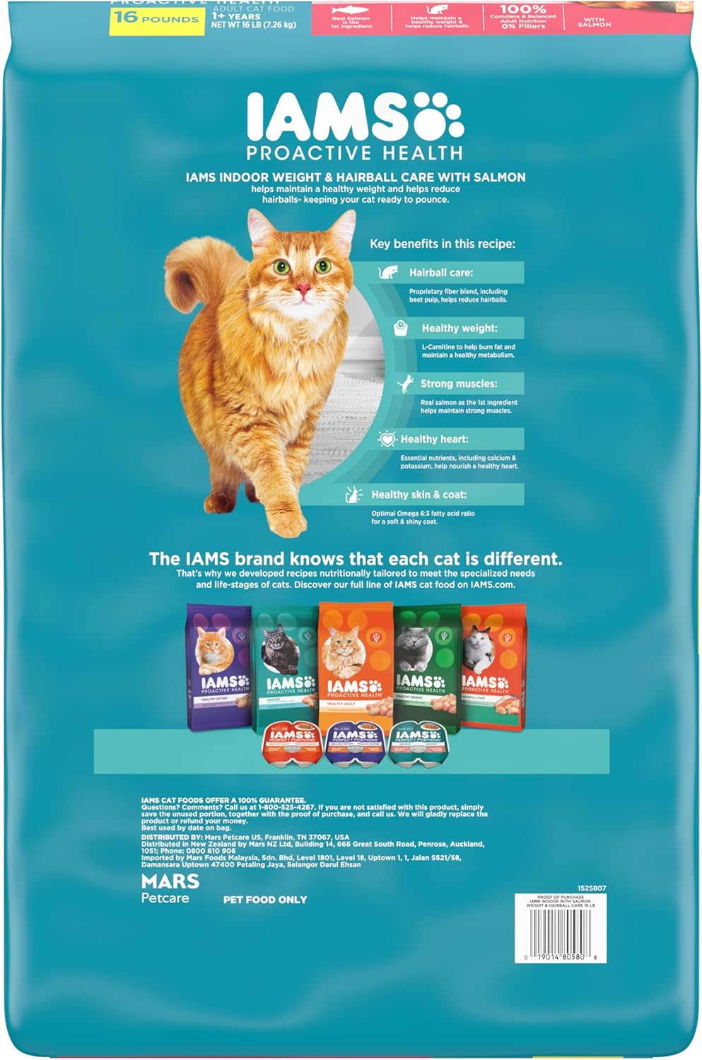 IAMS Proactive Health Indoor Weight Control & Hairball Care Adult Dry Cat Food, Salmon Recipe, 16