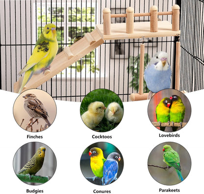 Bird Perches Platform Swing with Climbing Ladder, Parakeet Cage Accessories Wooden Playing Gyms