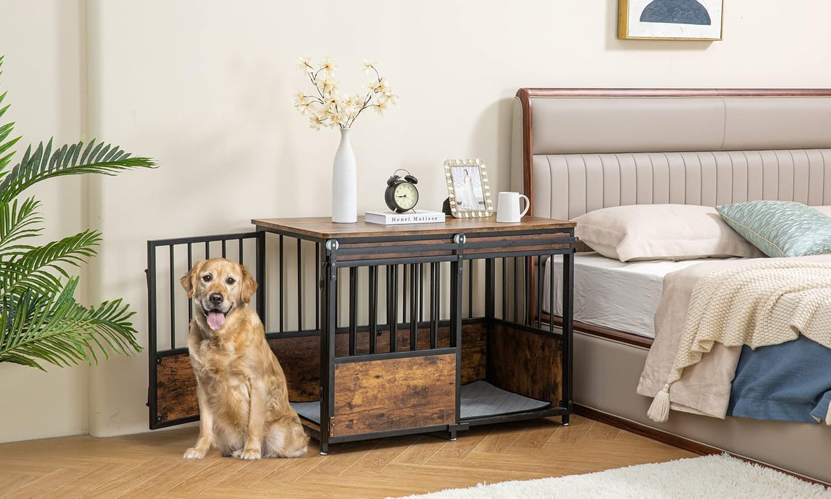 KOOPRO 40 Inch Dog Crate Furniture with Cushion for Large Medium Dogs, Wooden Heavy Duty Dog Kennel