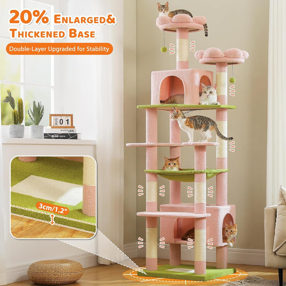 PAWZ Road Flower Cat Tree for Large Cats, 81 Inches Pink Tall Cat Tower with 2 Perches, 2 Condos