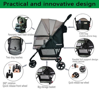 ROODO Escort 3 Wheel Dog Cat Pet Stroller for Small/Medium Dogs Cats Best Lightweight Foldable