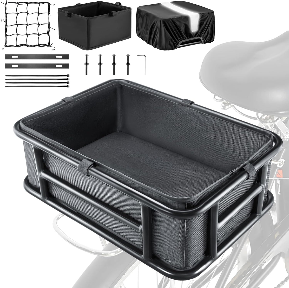 Bike Basket Rear with Liner,Waterproof Cover,Cargo Net Large Rear Bike Basket,Heavy Duty Bicycle