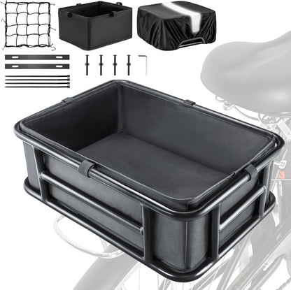 Bike Basket Rear with Liner,Waterproof Cover,Cargo Net Large Rear Bike Basket,Heavy Duty Bicycle