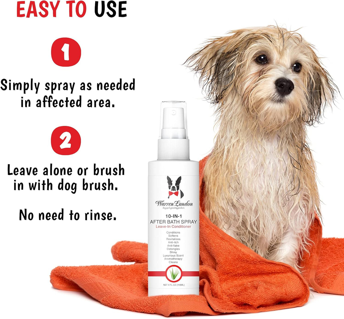 Warren London 10-in-1 Dog Spray & Rake Brush Combo | Detangles, Softens & Reduces Shedding | 16oz