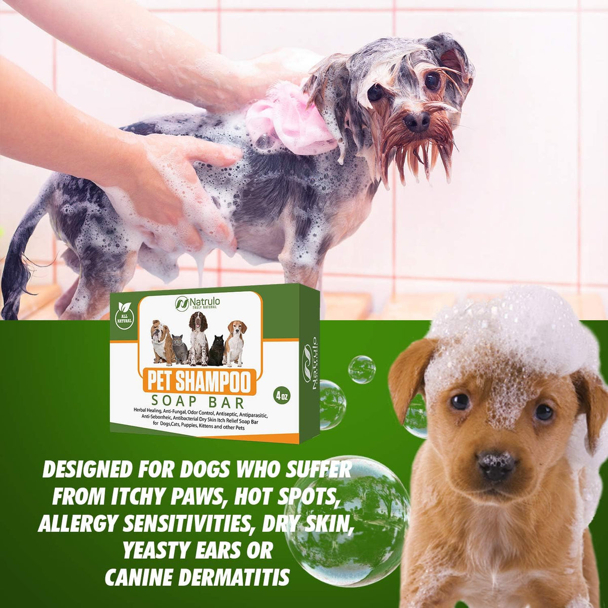 Natrulo All Natural Pet Shampoo Soap Bar for Dogs, Cats, Puppies – Herbal Healing Dry Skin Itch