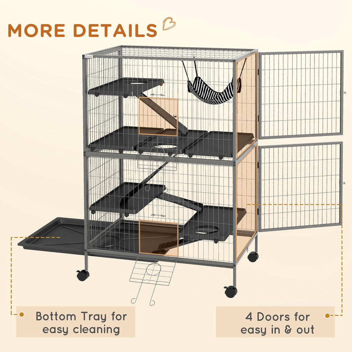 PawHut 50" 5-Tier Small Animal Cage, Ferret Cage, Large Chinchilla Cage with Hammock Accessory &