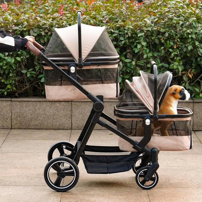 Foldable Double Pet Stroller for 2 Small Medium Cats Dogs, Lightweight Single and Double Integrated