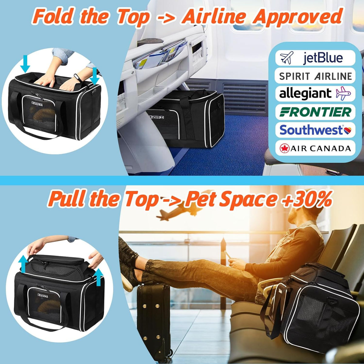 Petskd Top-Expandable Pet Carrier 17x12x8.5 Inches JetBlue Allegiant Spirit Airline Approved