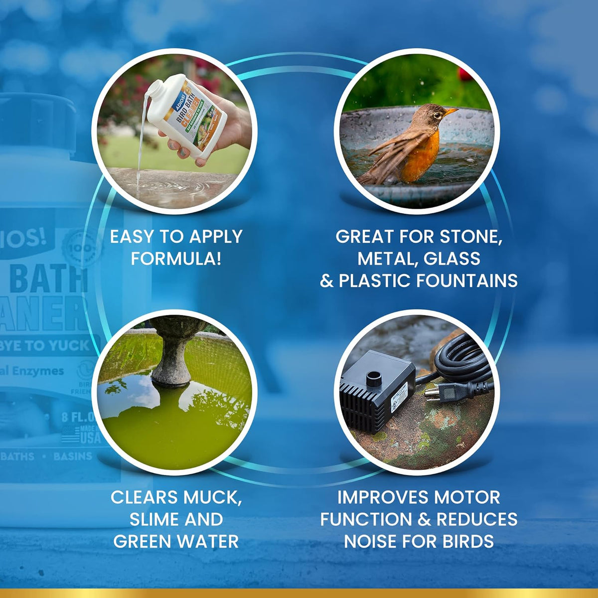 Bird Bath Cleaner for Outdoor Fountains and Bowls, Safely Cleans Metal, Glass and Stone (16oz)