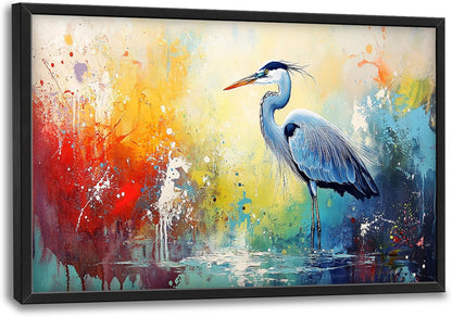 Extra Large Framed Abstract Heron Wall Art,Oversized Colorful Graffiti Heron Wall Decor Pictures